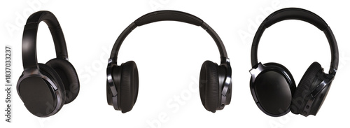 A set of black wireless headphones from different angles on a white isolated background