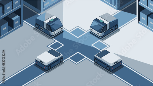 Robotic vehicles navigate warehouse floor showcasing synchronized movement and efficient logistics Modern isometric illustration with a blue and gray color palette