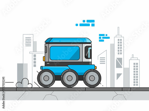 stylized blue delivery robot navigates a city street representing the -Last Mile- delivery challenge Modern graphic illustration with a cityscape backdrop