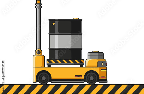 A stylized illustration depicts a yellow forklift carrying a barrel with a safe handle. It?s set against a black and yellow striped road. Clean, modern, and visually appealing for commercial use.