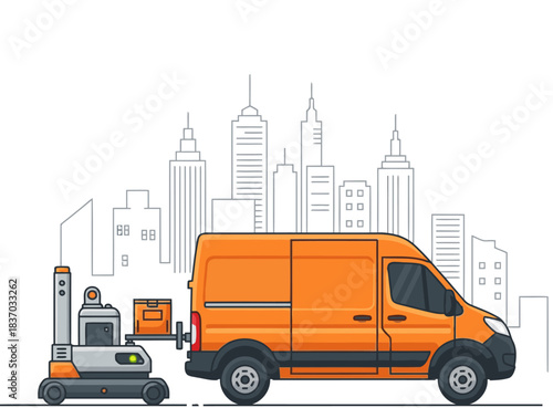 vibrant orange delivery van with 'Last Mile Prep' branding pulls alongside a robotic forklift  A modern cityscape forms the backdrop  Illustrative clean lines