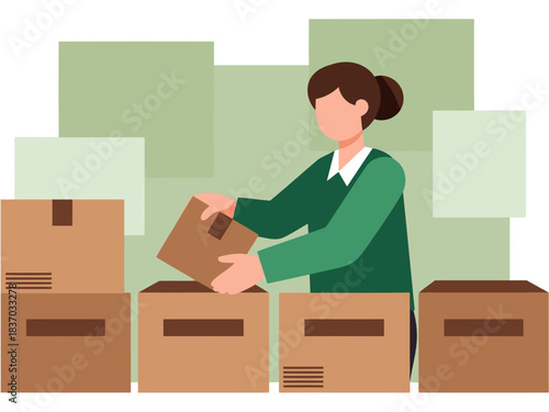 A woman sorts boxes in a fulfillment store, preparing for shipment. Clear composition, focused on logistics and efficiency. Modern, professional setting.