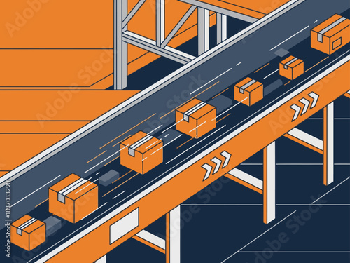 A vibrant illustration depicts a rapid sort conveyor belt with boxes moving swiftly. Bold orange and blue colors create a dynamic and efficient visual. Ideal for logistics and supply chain themes.