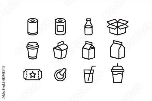 Line-style drink and snack packaging symbols for delivery apps and menu interfaces