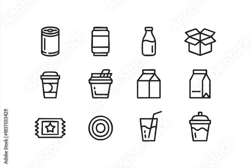 Clean packaging icon set featuring bottles, takeout cups, boxes, and sealed containers