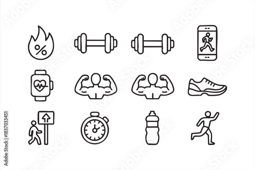 Fitness and training icons with dumbbells, running symbols, smartwatch, and stopwatch