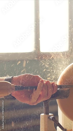Close-up of Skilled craftsman meticulously shaping timber on lathe with dust particles illuminated by soft lighting. Woodworker shaping with precision focus. Vertical video