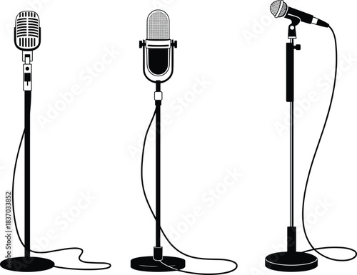 Vintage microphone illustration, retro audio equipment design, music performance symbol, sound recording device vector, CAD drawing flat vector illustration