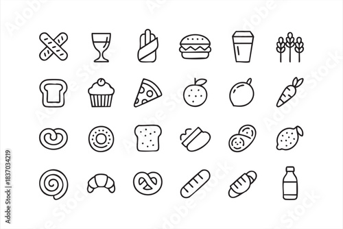 Snack, dessert, and beverage line icons for menus and apps