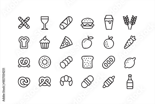 Clean outline icons of pastries, fruits, and drinks
