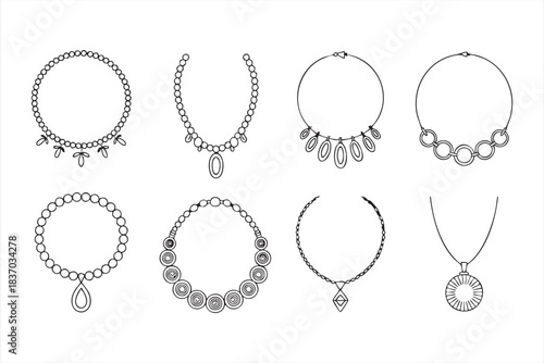 Elegant pendant and bead necklace line illustrations