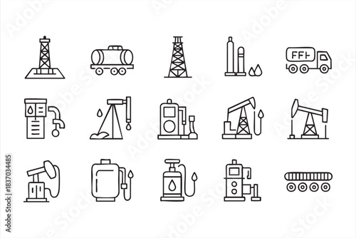 Oil and Energy Industry Line Icons for Fuel Production and Drilling UI Design