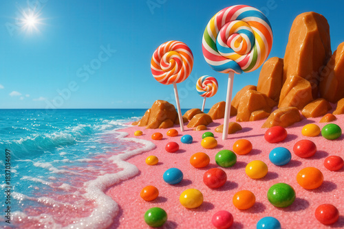Whimsical Candy Beach Landscape with Lollipops and Colorful Sweets
