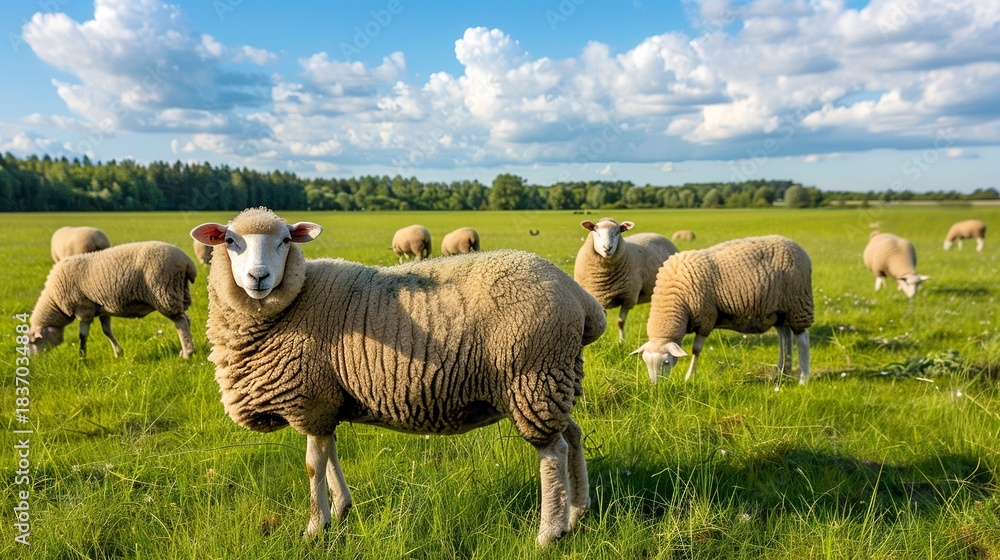 Fototapeta premium A photo of a green pasture with grazing sheep.