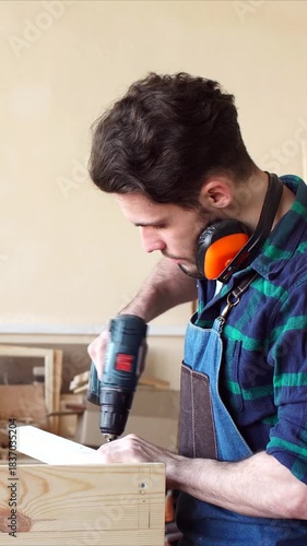 Vertical video of young carpenter in working apron assembles wooden structure, uses screwdriver to fasten wooden products