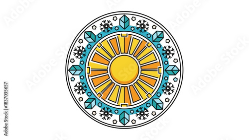 Festive Winter Solstice Celebration with Radiant Sun Emblem and Decorative Border