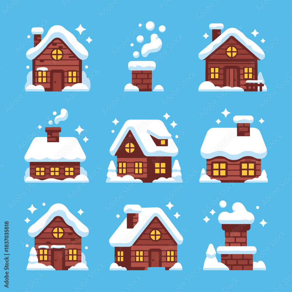 Fototapeta premium Embrace the enchanting spirit of the Winter Solstice with these delightful vector illustrations of snow-laden rustic cabins and charming cottages, evoking a festive holiday atmosphere