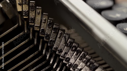 Extreme close up view inside typewriter typing bars working. Cinematic shot of hammers typing letters on vintage typewriter.