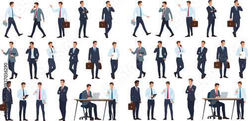 Business professionals, formal attire, office workers, corporate men, suit and tie, workplace activity, business icons, desk work, communication, teamwork