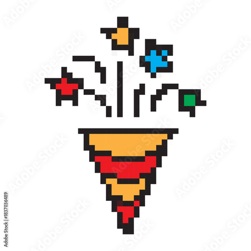 Minimalist confetti party popper pixel art icon, festive design for New Year and celebrations
