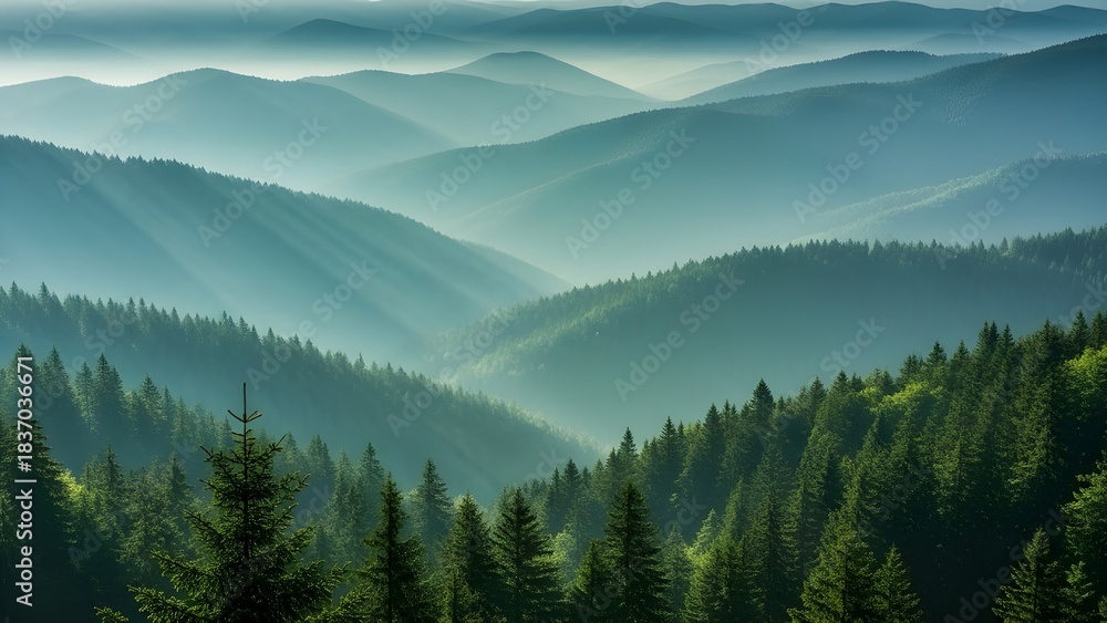 Obraz premium Paisaje de montaña matutino con nubes y panorama alpino. Niebla matutina, impresionantes paisajes naturales Imágenes conceptuales de viajes y turismo, imágenes de naturaleza refrescantes y relajante
