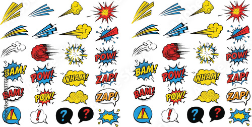 Comic book explosion, action sound effects, pop art style, BAM POW WHAM ZAP, colorful impact graphics, retro superhero design, dynamic layout