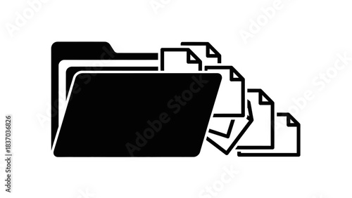 Black silhouette of an open file folder with numerous documents and papers overflowing from its contents, symbolizing data management or organization.