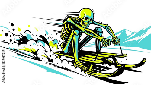 Dynamic skeleton speeding downhill on a sled creating vibrant snow spray in this extreme winter sports scene