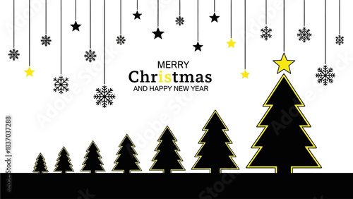 Stunning modern black and yellow Christmas trees banner wishing merry holidays and happy new year celebration