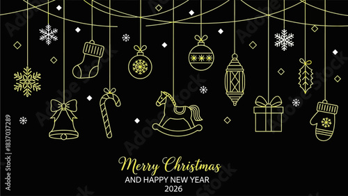 Elegant golden line art holiday ornaments and icons decorate a deep black background for Christmas greetings