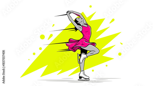 Elegant female figure skater striking a graceful pose mid-performance with vibrant costume accents on ice