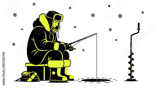 Focused angler patiently waits while ice fishing during a quiet, serene winter snowfall outdoors