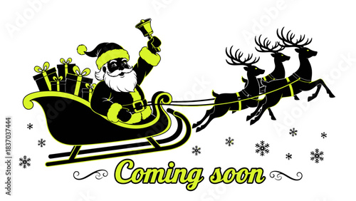 Dynamic silhouette of Santa Claus flying sleigh pulled by reindeer delivering presents on a magical Christmas Eve night