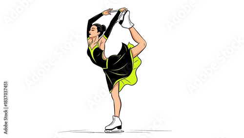 Stunning female figure skater executes a perfect spiral pose in elegant black and neon yellow costume