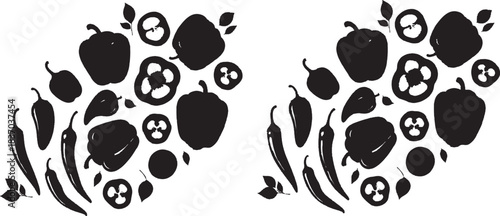 Vegetable silhouettes, pepper shapes, chili icons, spot the difference, black graphic, food puzzle, comparison image, sliced pepper, leaf detail, minimal style