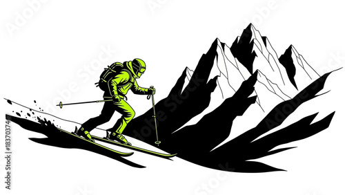 Dynamic skier carving down steep, jagged mountainside under vibrant sun in bold graphic style