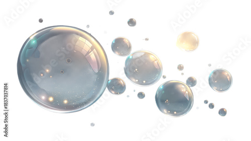 Shiny translucent soap bubbles floating against a white background illuminated by soft glowing lights