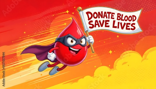 Cute superhero blood drop character flying with “Donate Blood Save Lives” banner, bright red vector cartoon encouraging blood donation awareness