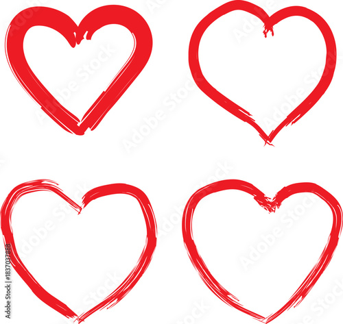 Romantic Brush Heart Set, Hand Drawn Heart Collection, Abstract Red Heart Shapes, Artistic Love Heart Pack