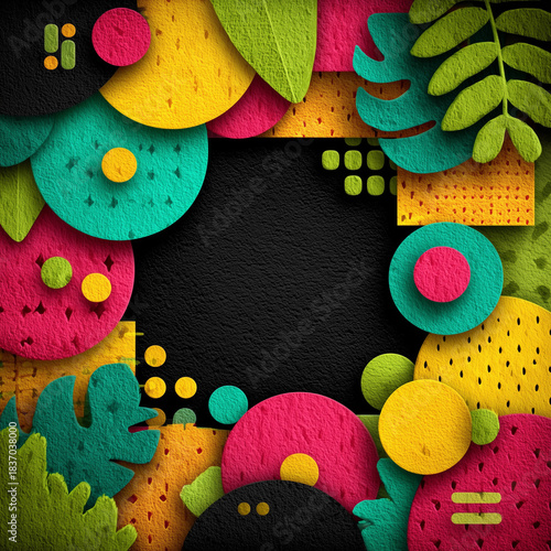 Abstract colorful elements with expressive texture surround the dark space, forming a dynamic contrasting design in paper-collage style.
