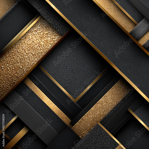 A luxurious composition of black textured layers and golden accents creates an elegant geometric background with depth and contrast.
