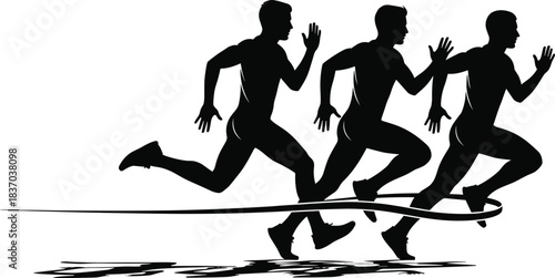 Silhouette, male, runners, crossing, finish, line, athletic, competition, race, motion, victory, speed, determination, sports, achievement, dynamic, movement, fitness, success, winning