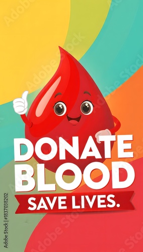 Bright flat vector of smiling blood drop mascot promoting “Donate Blood Save Lives” for health donation campaigns