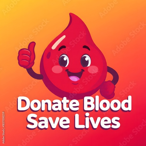 Friendly cartoon blood drop giving thumbs up with “Donate Blood Save Lives” text, clean flat minimal healthcare design