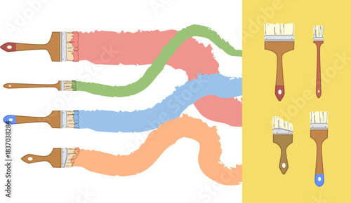 Paint brush strokes set. Drawing, painting with paintbrush tools of different size, shape. Flat vector illustration isolated on white background