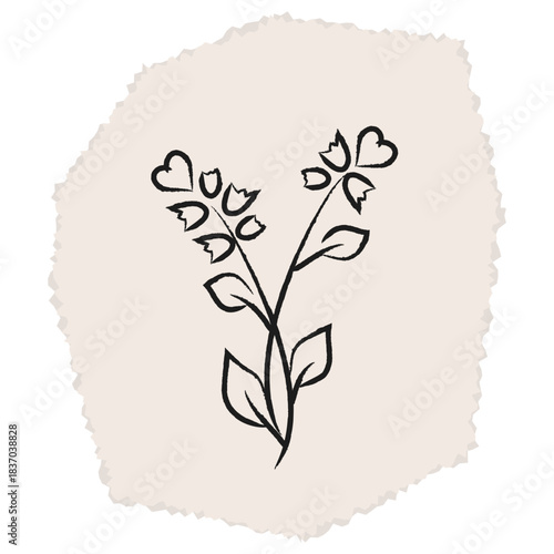 Flower with heart, doodle, scrapbook. Cut out element from old paper. Spring plant, summer nature, stem with lily of the valley bud and heart, sticker. Chalk lines, vintage craft paper. 