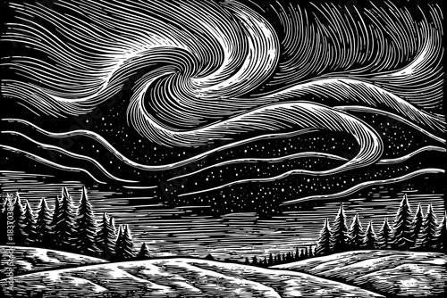 The Northern Lights dance across the sky with swirling green light patterns, turning remote arctic landscapes into one of nature’s most magical displays