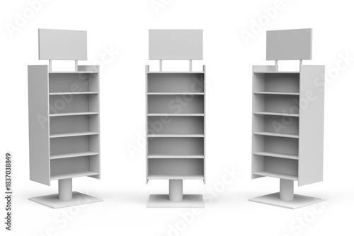 Supermarket Promotional Display Rack. Empty Product Display. PDQ Display Box. Point Of Sale. Product Presentation Display. Unique Style Floor Stand. 3D Render Illustration.
