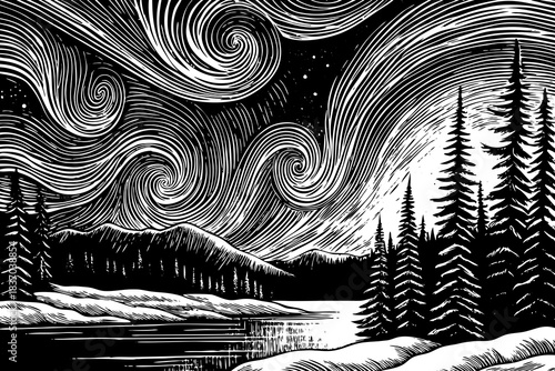 The Northern Lights dance across the sky with swirling green light patterns, turning remote arctic landscapes into one of nature’s most magical displays