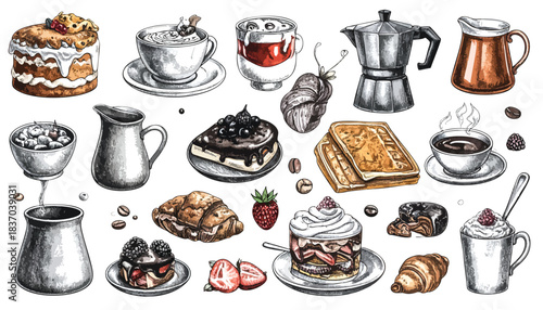 Assorted desserts, coffee, and breakfast foods illustration